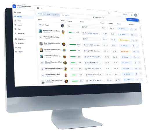 CrewView project list displayed on a desktop monitor